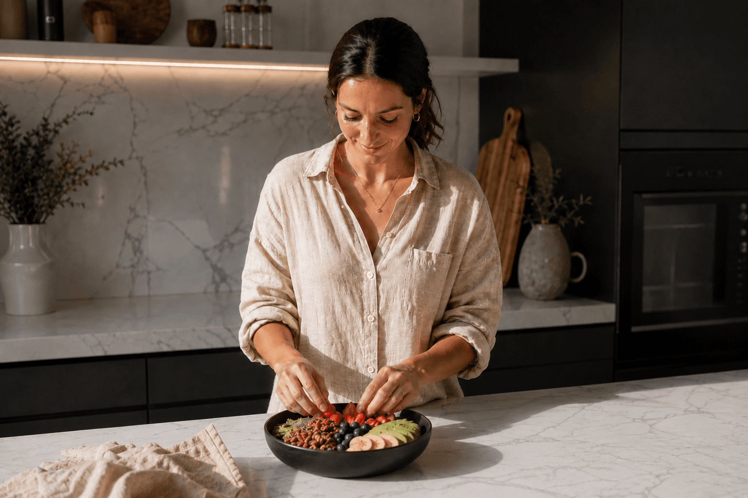 Préparation nutrition dans une cuisine lumineuse