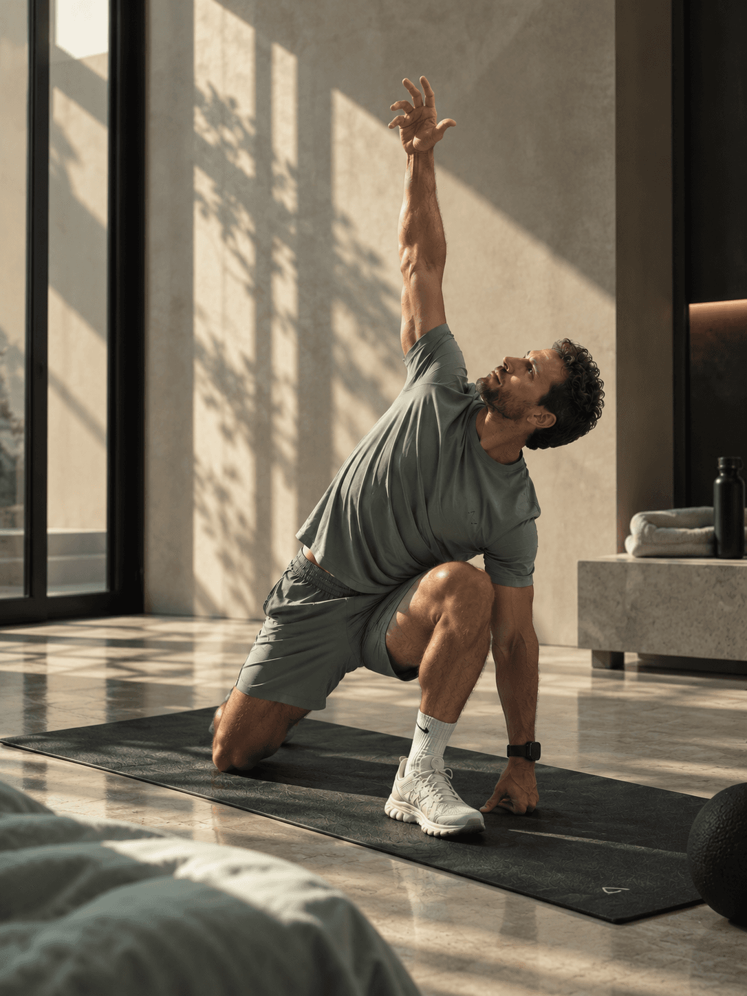 Homme en étirement dans un intérieur lumineux